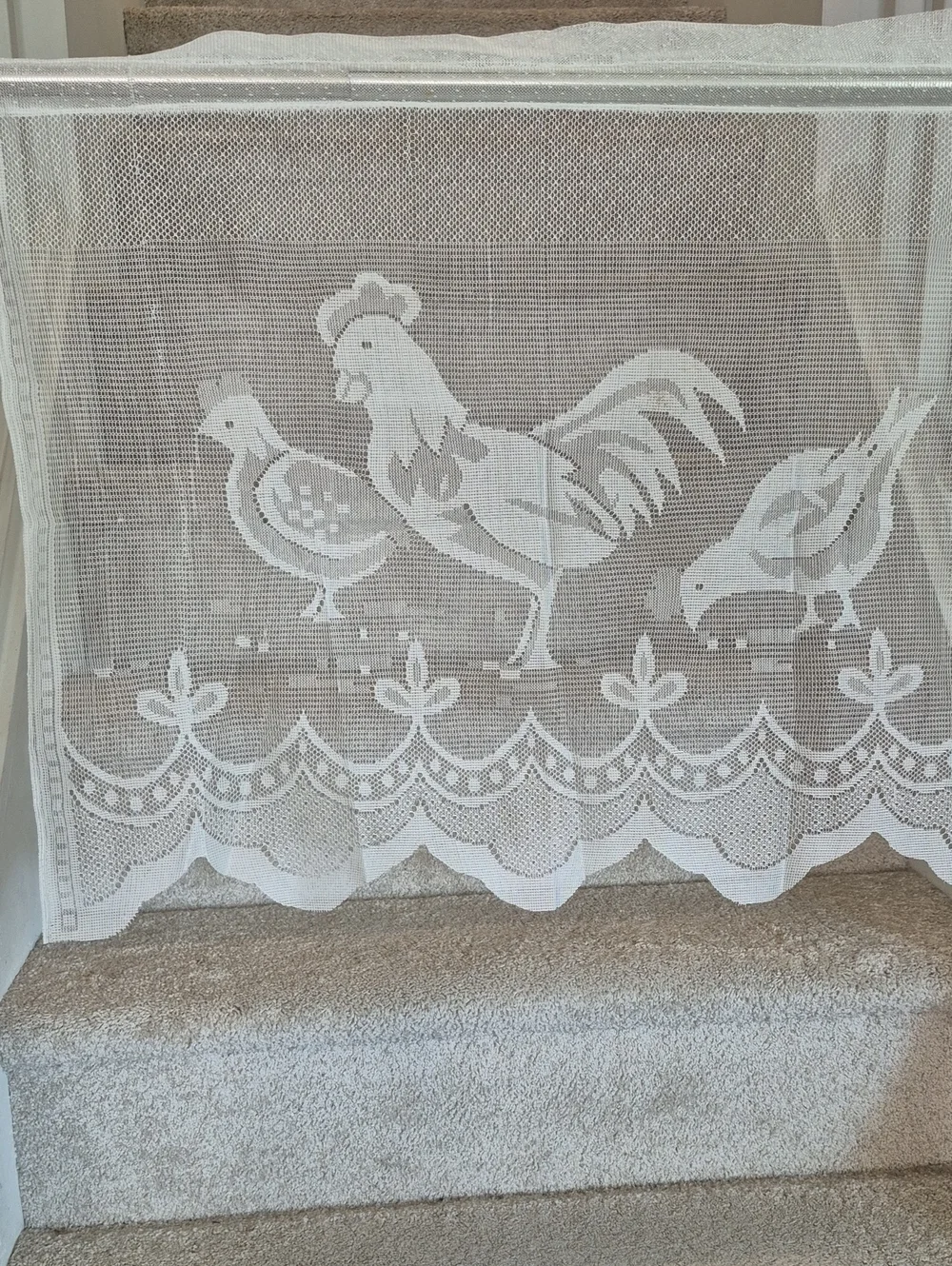 White Lace Rooster & Hen Curtain Panel Pair